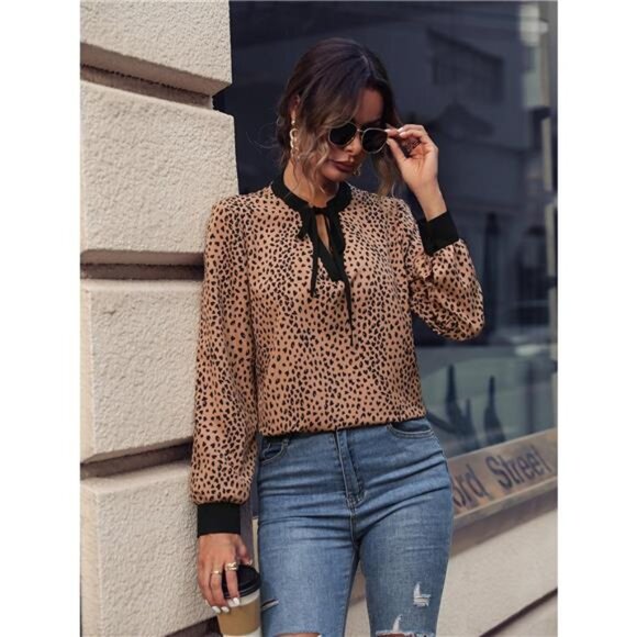 Animal Print Contrast Trim Tie Front Blouse - Picture 5 of 7